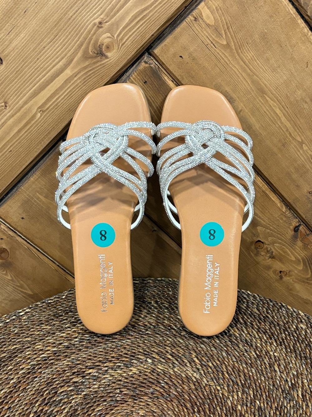 Beige Slide Sandals with Silver Braided Straps Fabio Maggenti NWT Size 8